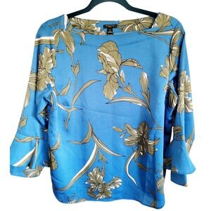 Ann Taylor PM Blue Floral High Square Neck Top Career Blouse 3/4 SLV Petite NWOT
